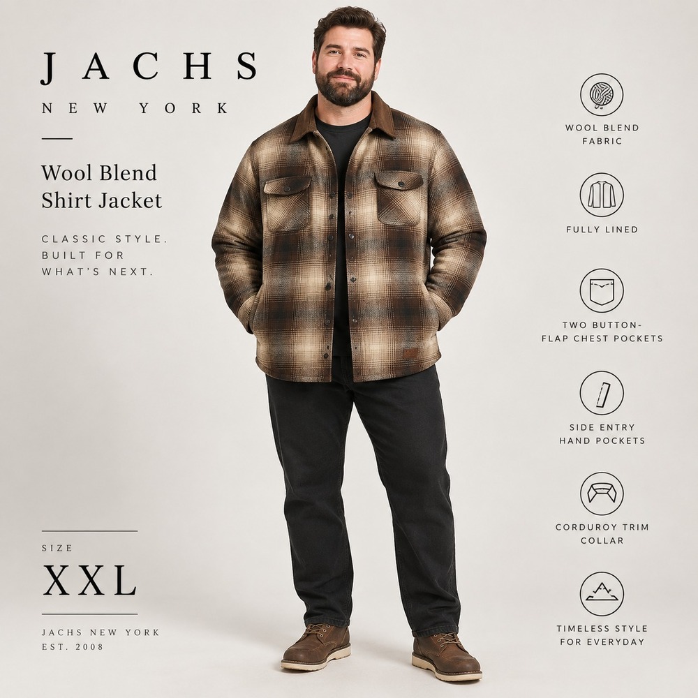 JACHS NY Men's XXL Brown Plaid Wool Blend Button Front Shirt Jacket Corduroy